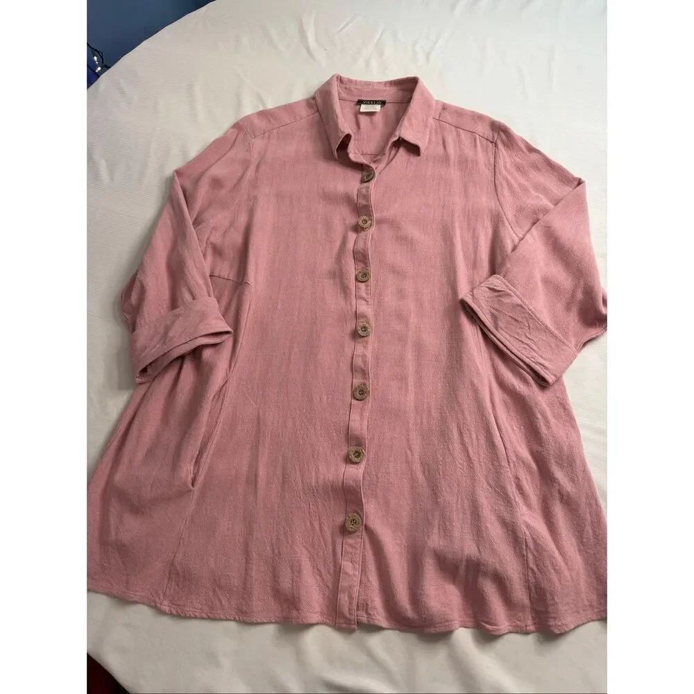 Vikki Vi Womens 1X Pink Rayon Linen Button Front Blouse Shirt Made USA Plus Size